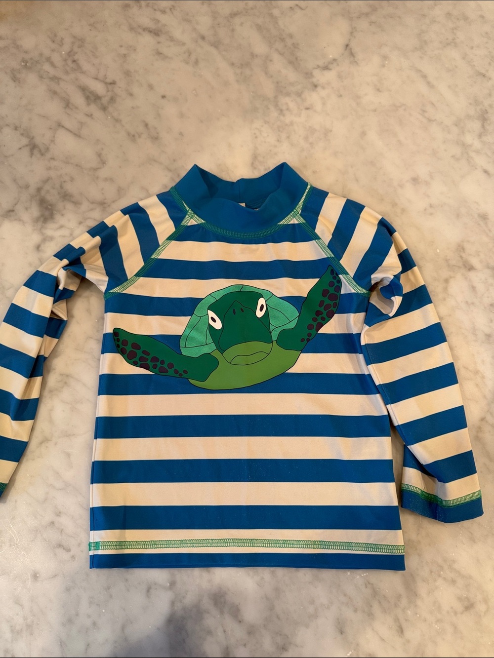 Mini Boden Blue & White Stripe Rashguard with Green Turtle